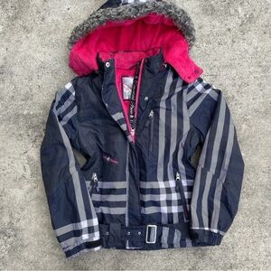 Free Country Navy Plaid Utility Jacket with Pink Hood